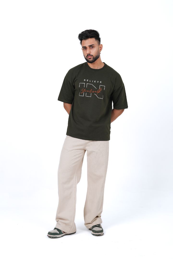 Believe In Yourself Olive Green Oversized T-Shirt | Daper Dash