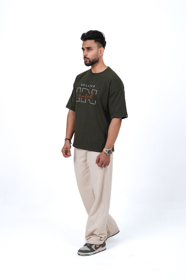 Believe In Yourself Olive Green Oversized T-Shirt | Daper Dash