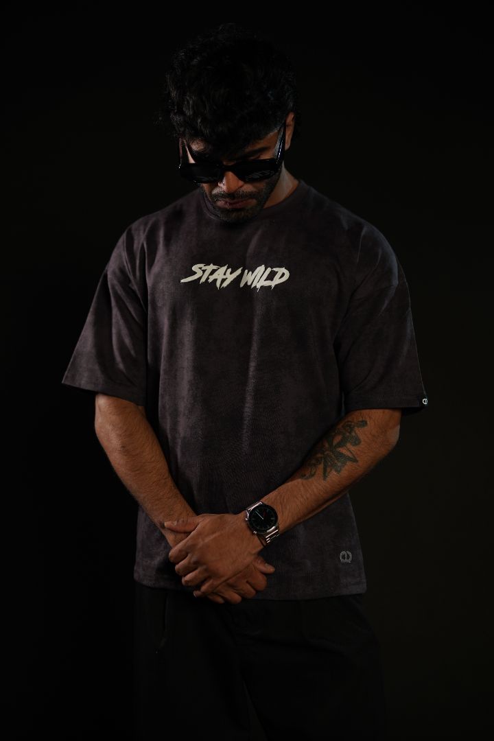 Stay Wild™ Dark Grey Acid Wash Puff Print Relaxed Fit T-Shirt