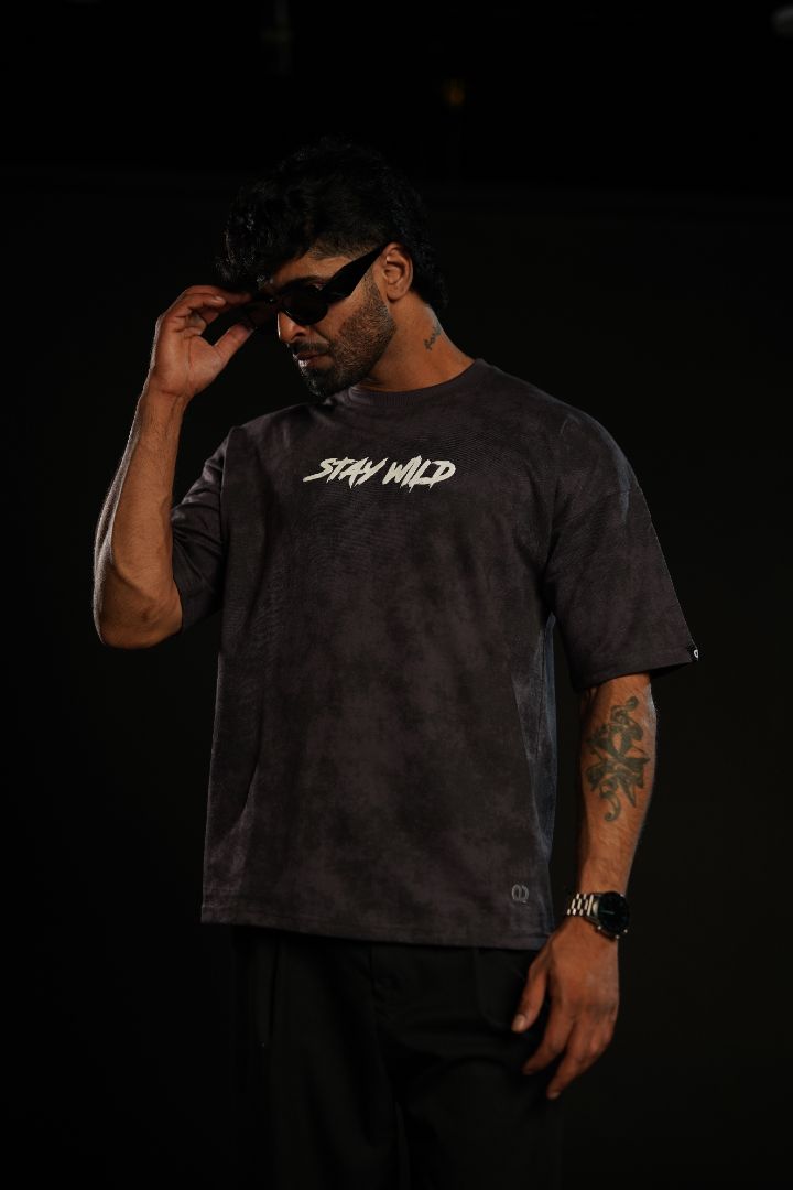 Stay Wild™ Dark Grey Acid Wash Puff Print Relaxed Fit T-Shirt