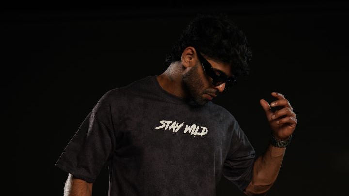 Stay Wild™ Dark Grey Acid Wash Puff Print Relaxed Fit T-Shirt