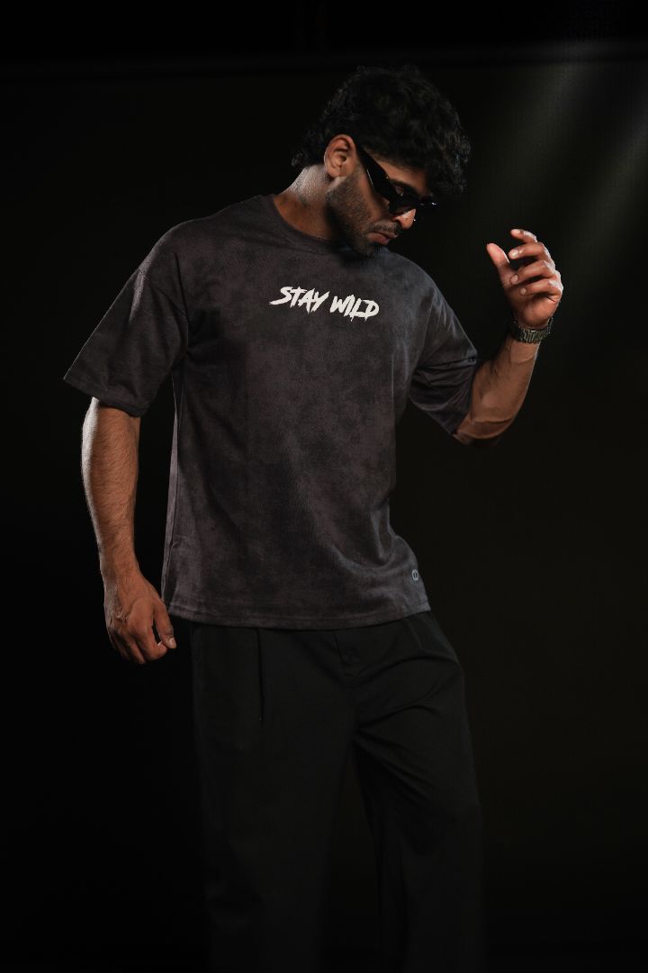 Stay Wild Acid Wash Puff Print Oversized T-Shirt