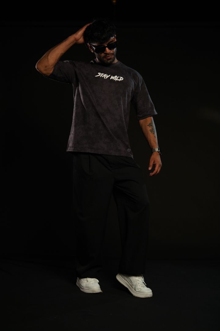 Stay Wild™ Dark Grey Acid Wash Puff Print Relaxed Fit T-Shirt