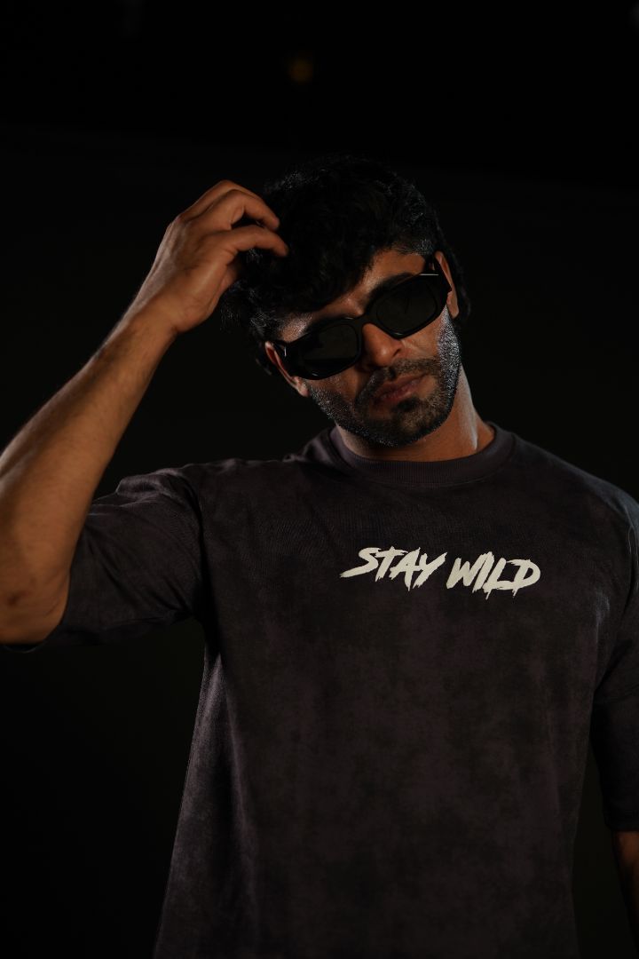 Stay Wild™ Dark Grey Acid Wash Puff Print Relaxed Fit T-Shirt
