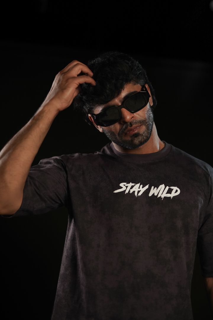 Stay Wild Acid Wash Puff Print Oversized T-Shirt