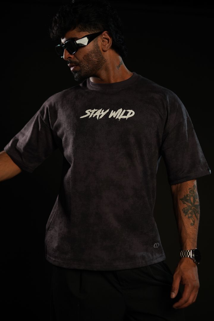 Stay Wild™ Dark Grey Acid Wash Puff Print Relaxed Fit T-Shirt