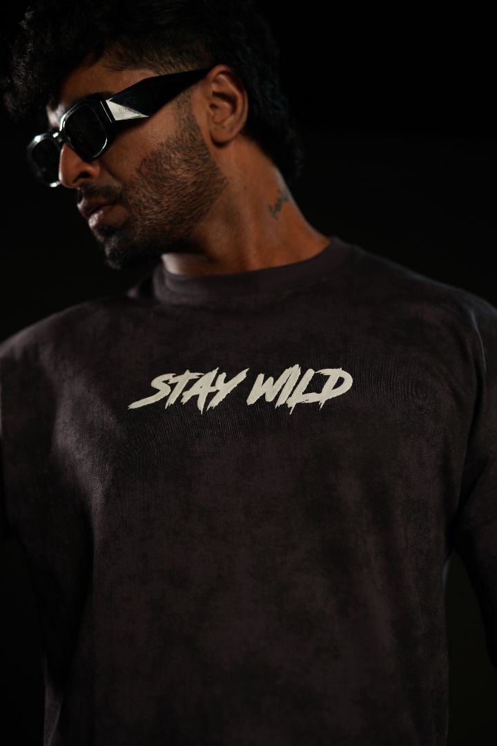 Stay Wild™ Dark Grey Acid Wash Puff Print Relaxed Fit T-Shirt