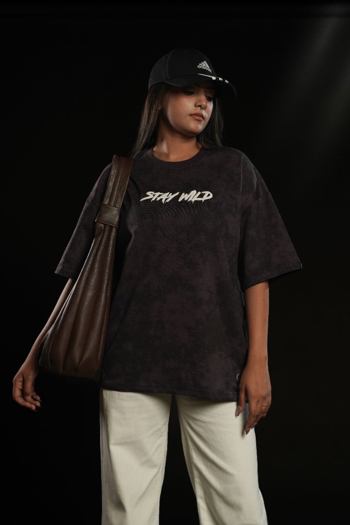 Stay Wild Acid Wash Puff Print Oversized T-Shirt