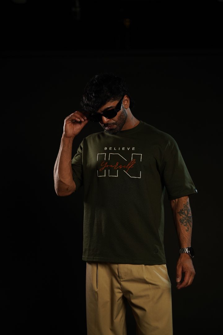 Daper Dash Believe in Yourself Puff Print & Embroidery Relaxed Fit T-Shirt – Olive Green