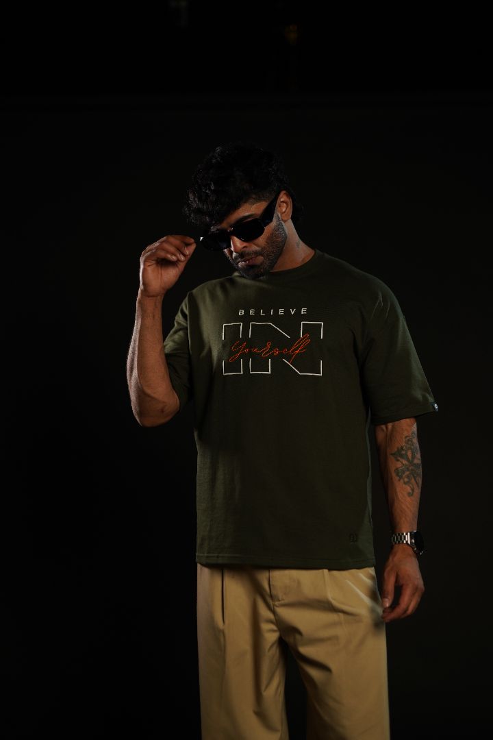 Daper Dash Believe in Yourself Puff Print & Embroidery Relaxed Fit T-Shirt – Olive Green