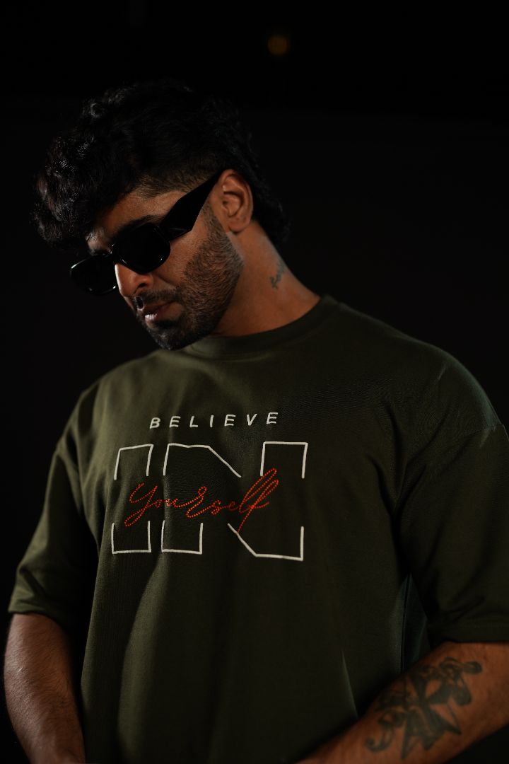 Daper Dash Believe in Yourself Puff Print & Embroidery Relaxed Fit T-Shirt – Olive Green