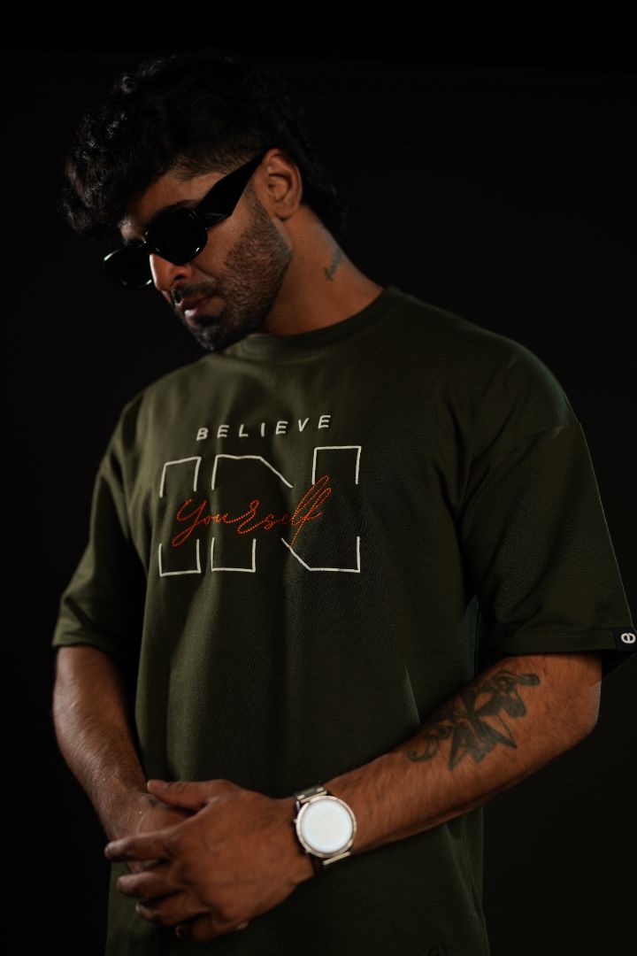 Daper Dash Believe in Yourself Puff Print & Embroidery Relaxed Fit T-Shirt – Olive Green