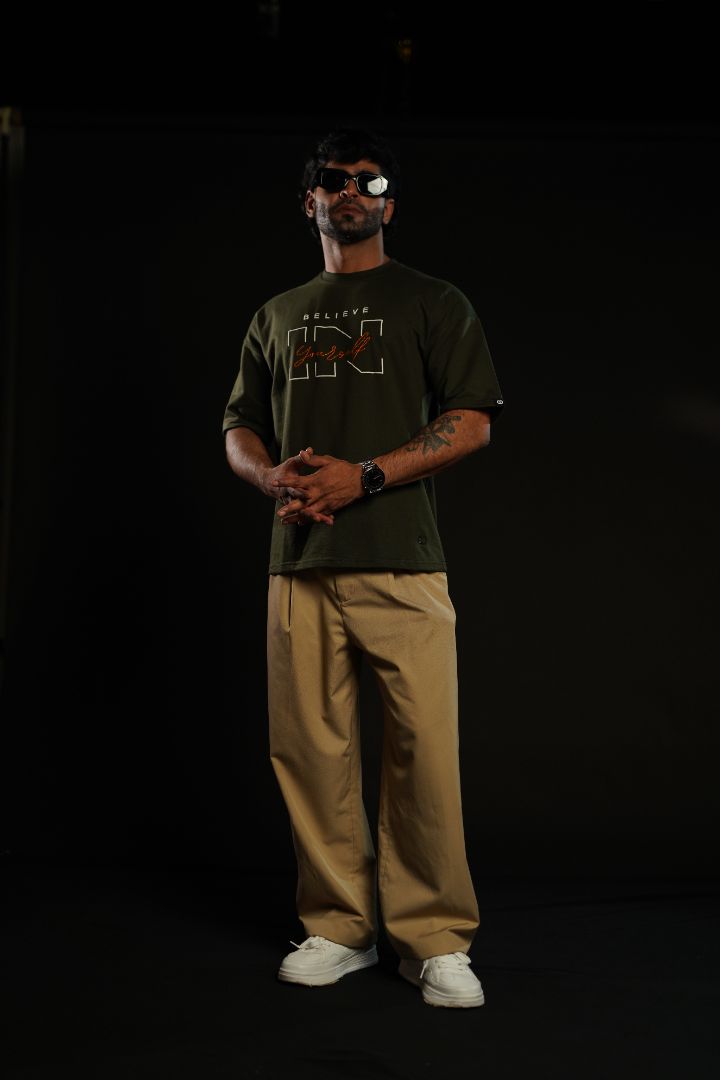 Daper Dash Believe in Yourself Puff Print & Embroidery Relaxed Fit T-Shirt – Olive Green