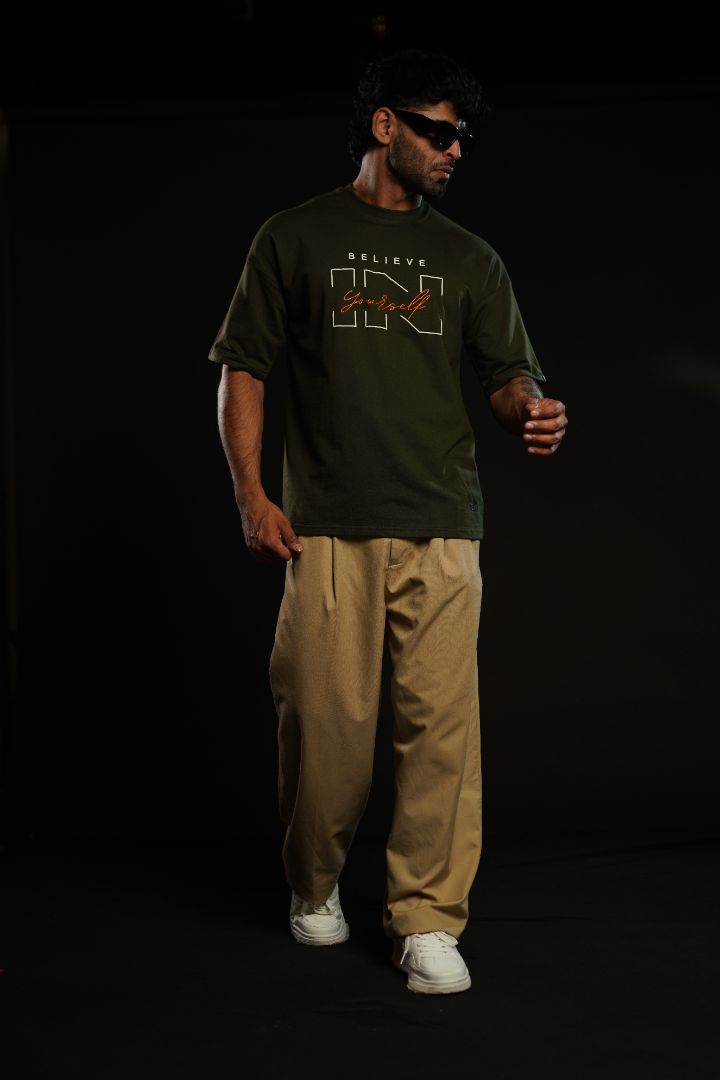 Daper Dash Believe in Yourself Puff Print & Embroidery Relaxed Fit T-Shirt – Olive Green
