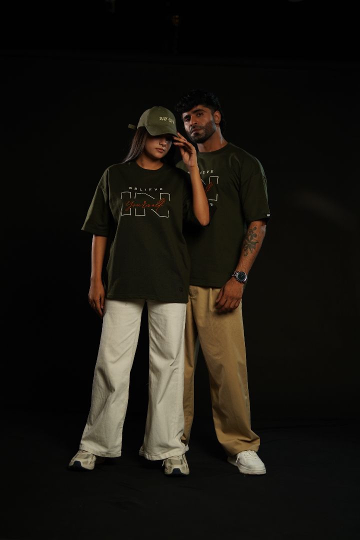 Daper Dash Believe in Yourself Puff Print & Embroidery Relaxed Fit T-Shirt – Olive Green