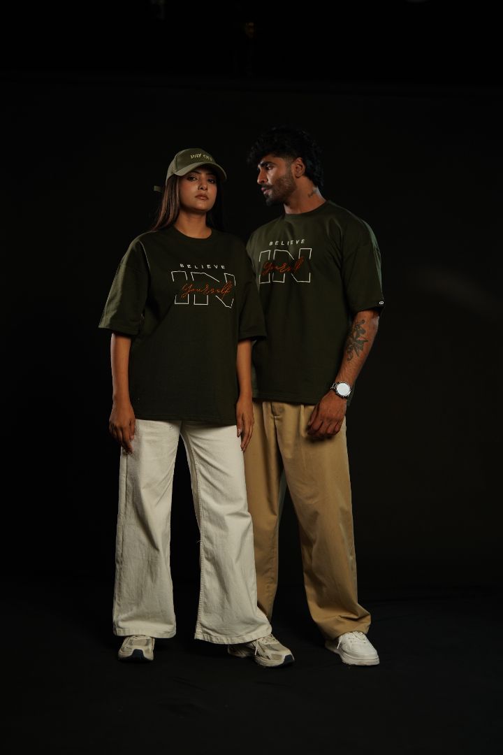 Daper Dash Believe in Yourself Puff Print & Embroidery Relaxed Fit T-Shirt – Olive Green