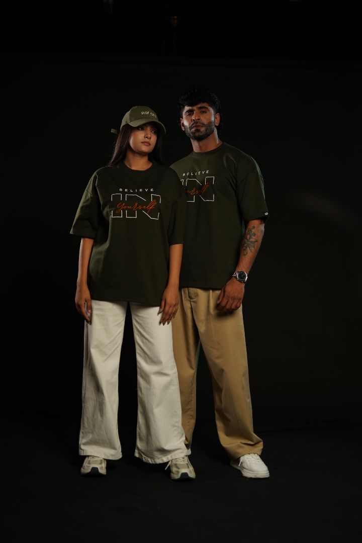 Daper Dash Believe in Yourself Puff Print & Embroidery Relaxed Fit T-Shirt – Olive Green
