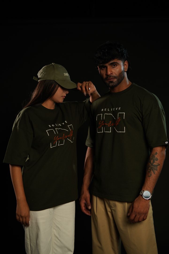 Daper Dash Believe in Yourself Puff Print & Embroidery Relaxed Fit T-Shirt – Olive Green