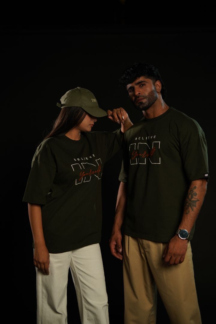 Daper Dash Believe in Yourself Puff Print & Embroidery Relaxed Fit T-Shirt – Olive Green