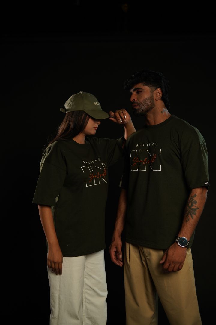 Daper Dash Believe in Yourself Puff Print & Embroidery Relaxed Fit T-Shirt – Olive Green