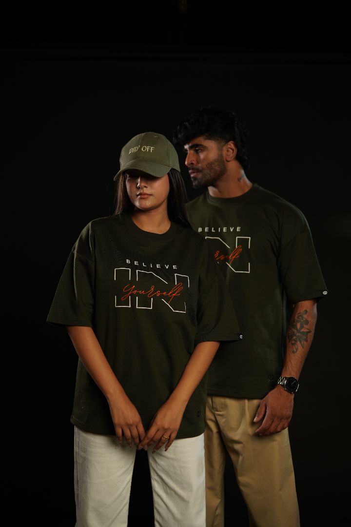 Daper Dash Believe in Yourself Puff Print & Embroidery Relaxed Fit T-Shirt – Olive Green