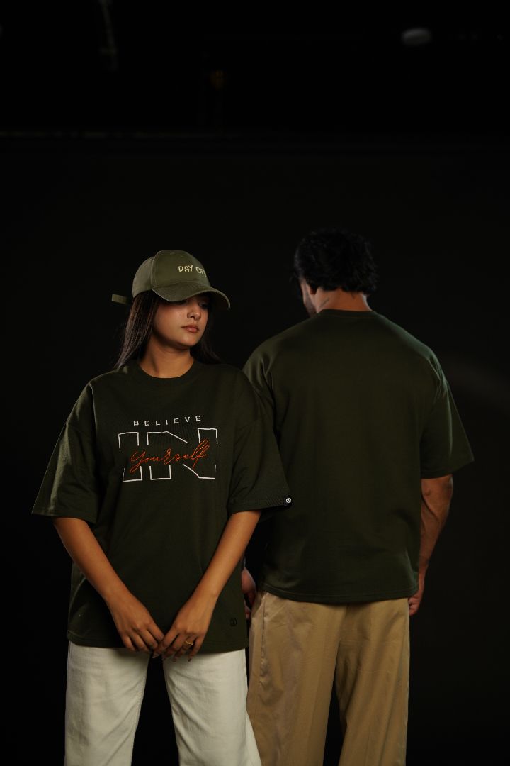 Daper Dash Believe in Yourself Puff Print & Embroidery Relaxed Fit T-Shirt – Olive Green