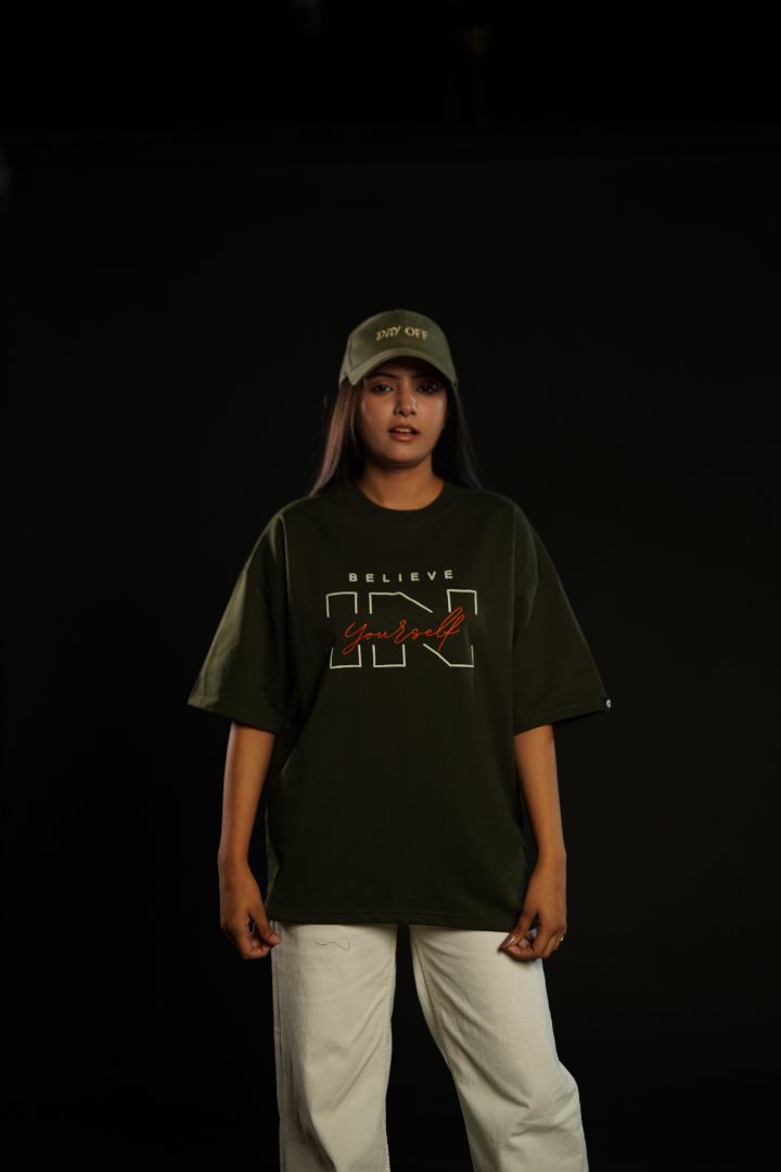 Daper Dash Believe in Yourself Puff Print & Embroidery Relaxed Fit T-Shirt – Olive Green