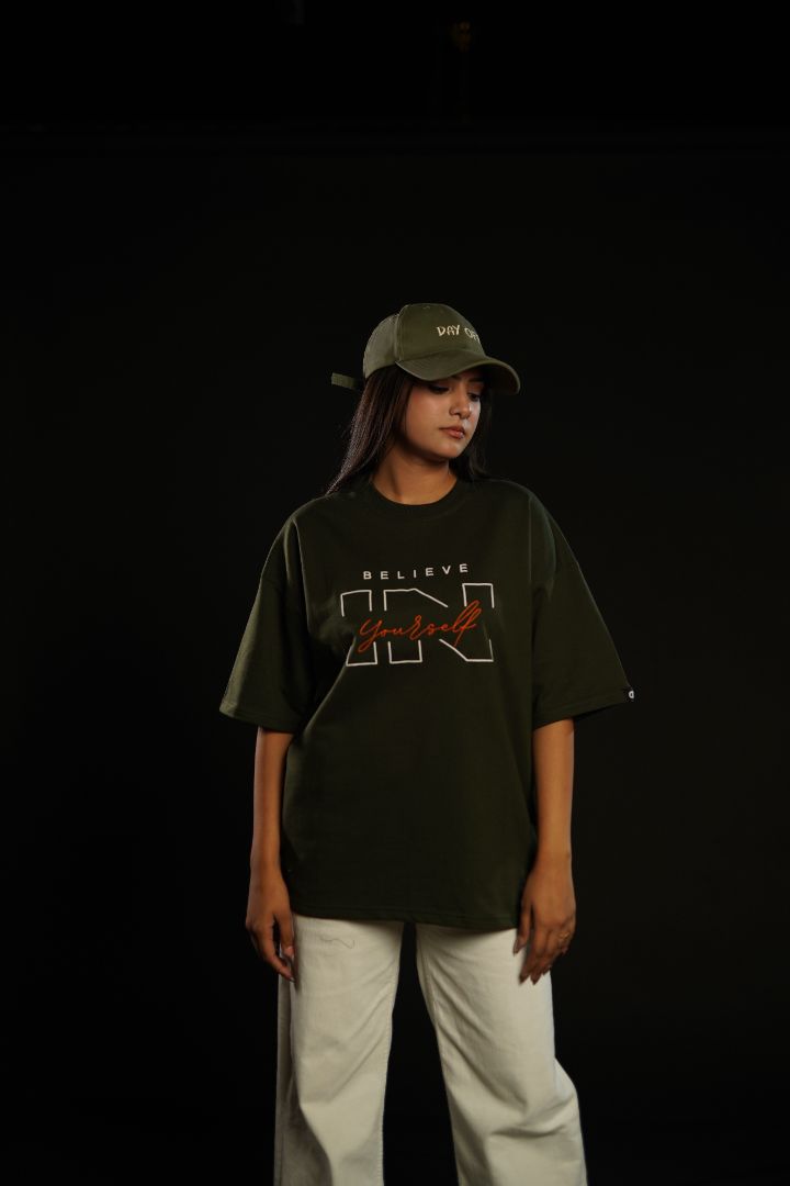 Daper Dash Believe in Yourself Puff Print & Embroidery Relaxed Fit T-Shirt – Olive Green