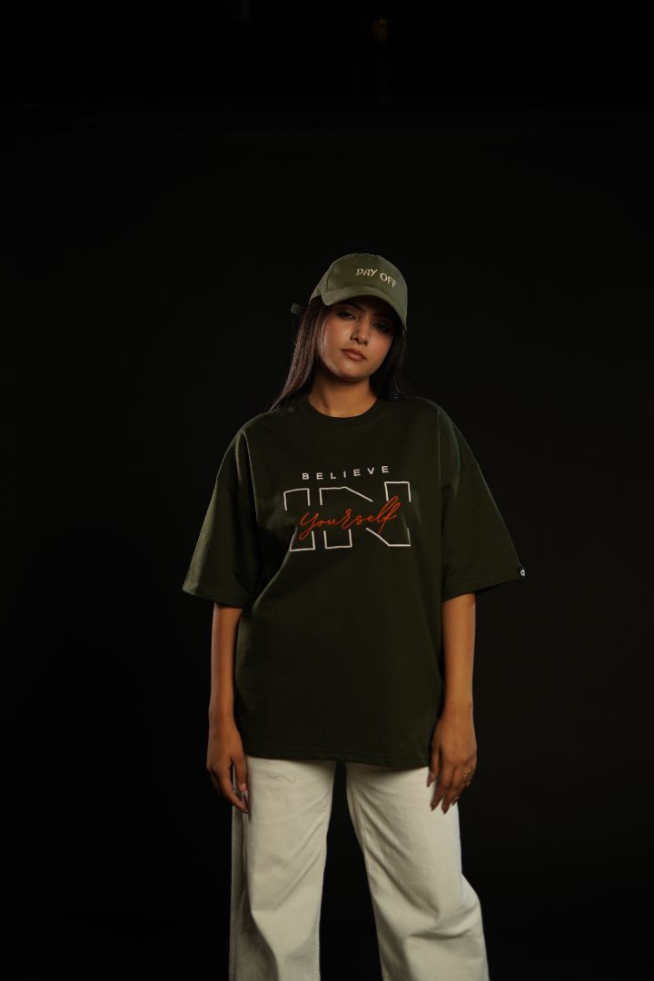 Daper Dash Believe in Yourself Puff Print & Embroidery Relaxed Fit T-Shirt – Olive Green