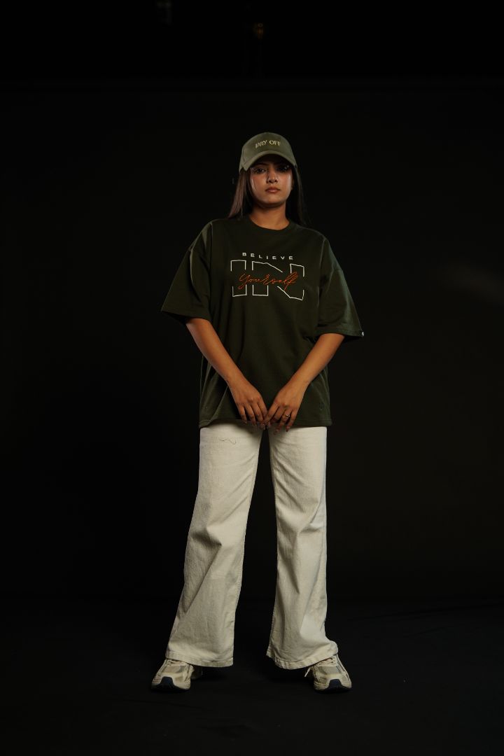 Daper Dash Believe in Yourself Puff Print & Embroidery Relaxed Fit T-Shirt – Olive Green