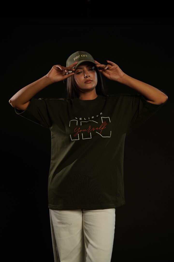Daper Dash Believe in Yourself Puff Print & Embroidery Relaxed Fit T-Shirt – Olive Green