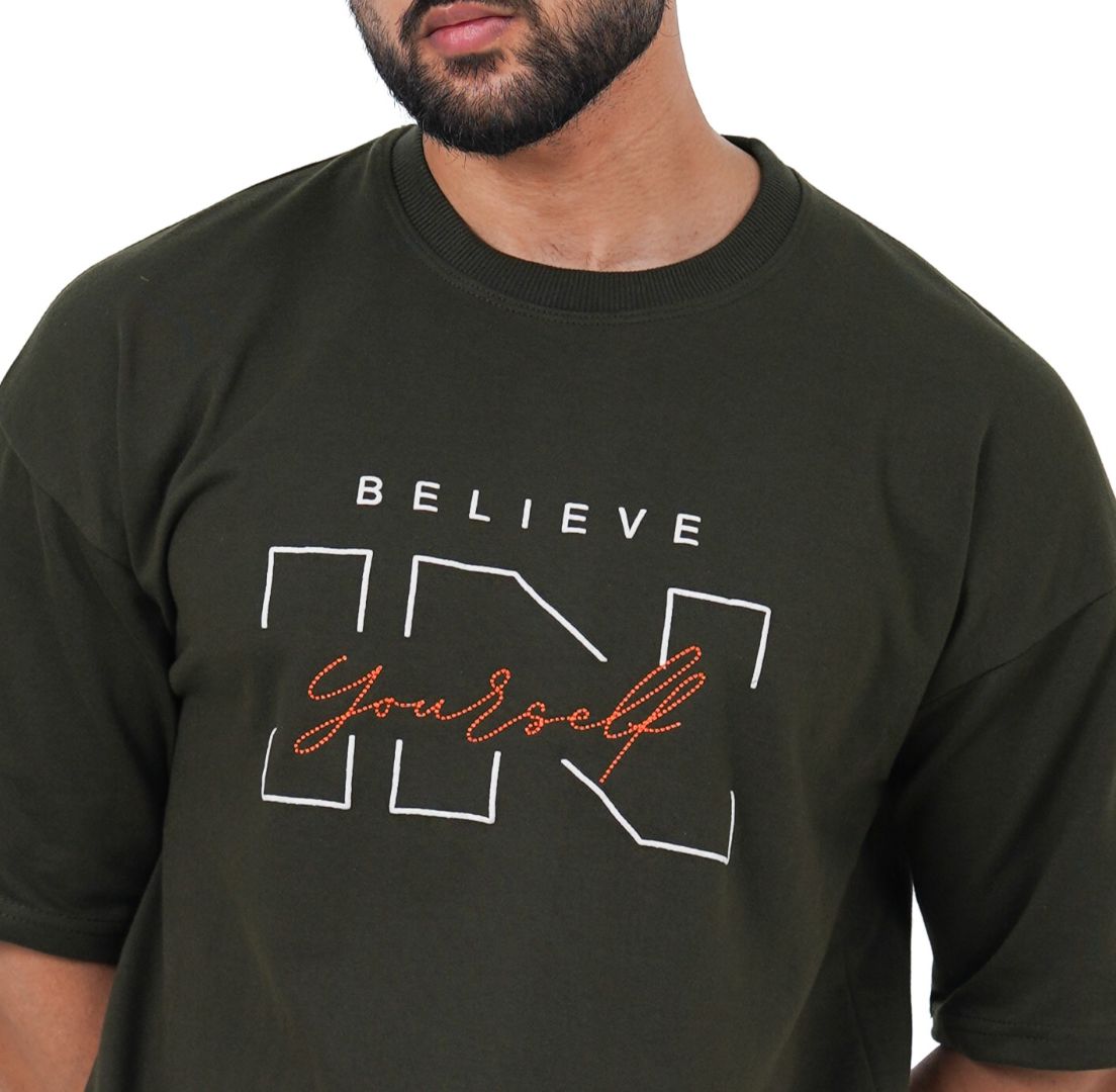 Believe In Yourself Olive Green Oversized T-Shirt | Daper Dash