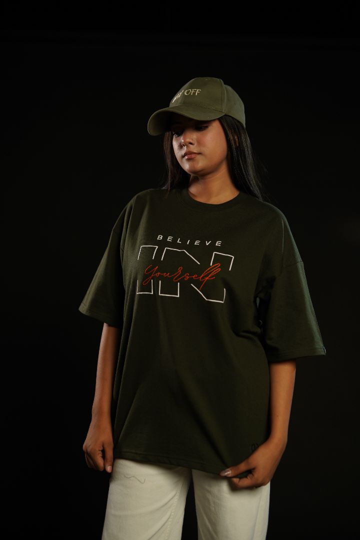 Daper Dash Believe in Yourself Puff Print & Embroidery Relaxed Fit T-Shirt – Olive Green
