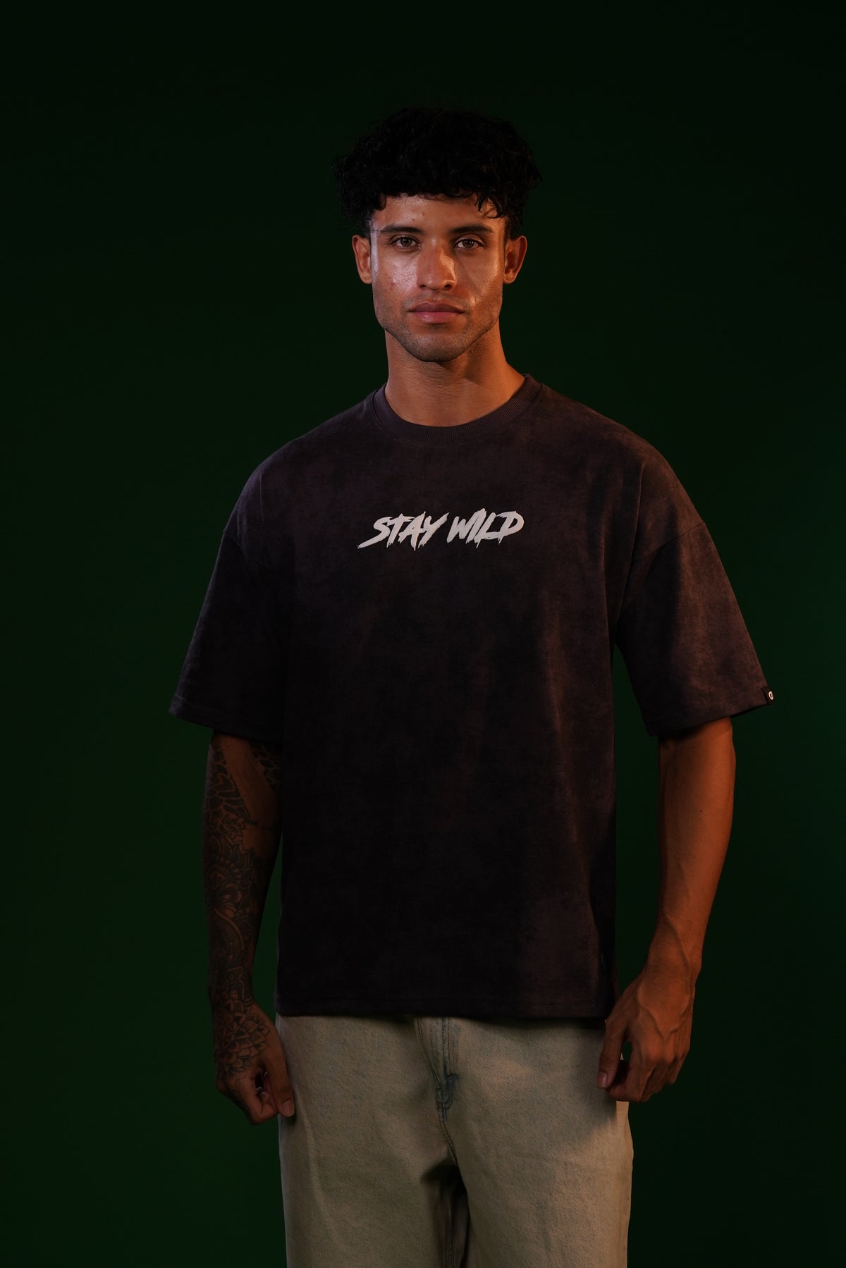 Stay Wild Acid Wash Puff Print Oversized T-Shirt
