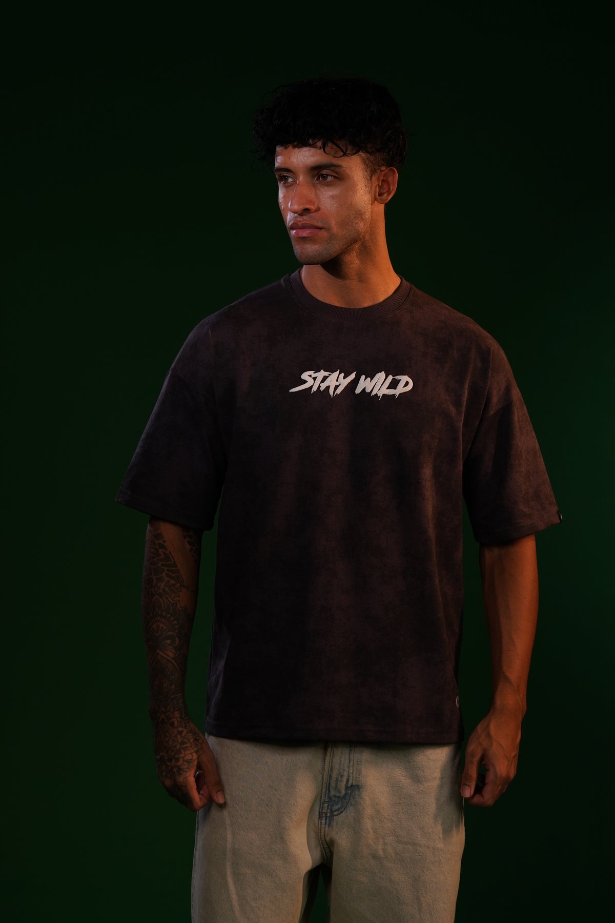 Stay Wild Acid Wash Puff Print Oversized T-Shirt