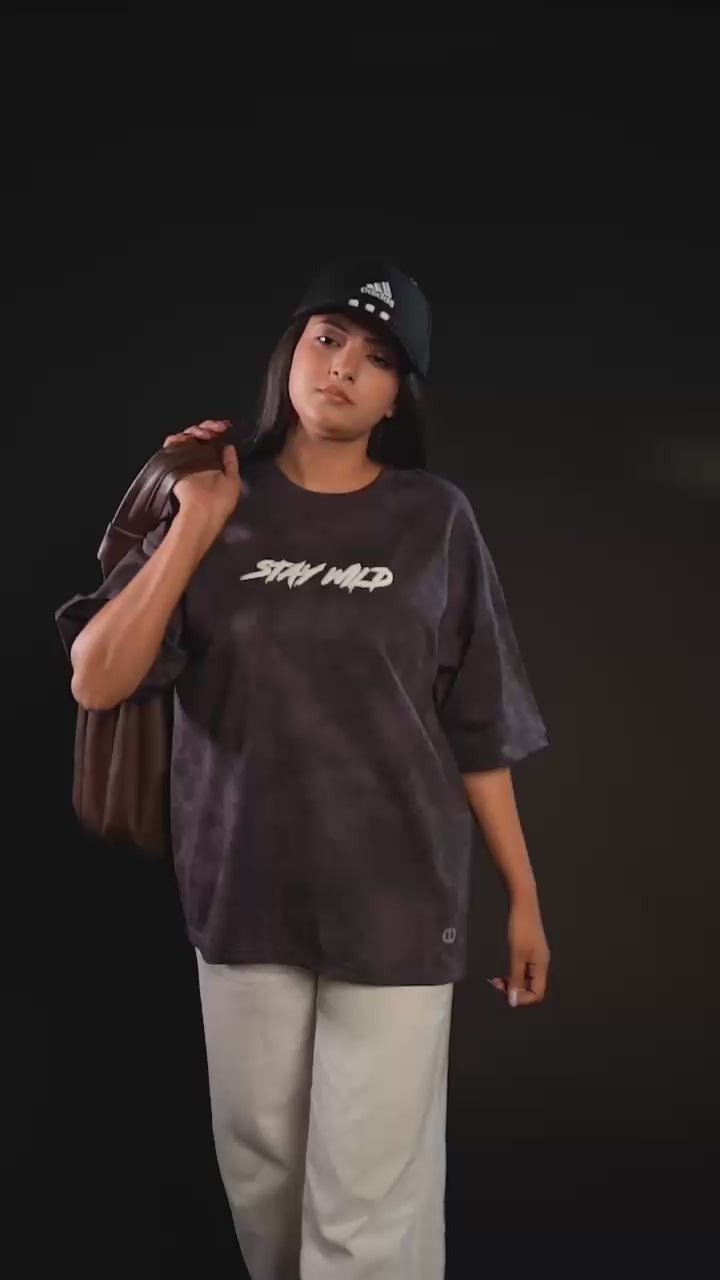 Stay Wild™ Dark Grey Acid Wash Puff Print Relaxed Fit T-Shirt